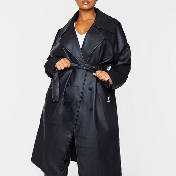 Pretty Little Thing Plus Black Faux Leather Drop Arm Midi Trench Size 14 NWT - Picture 2 of 4